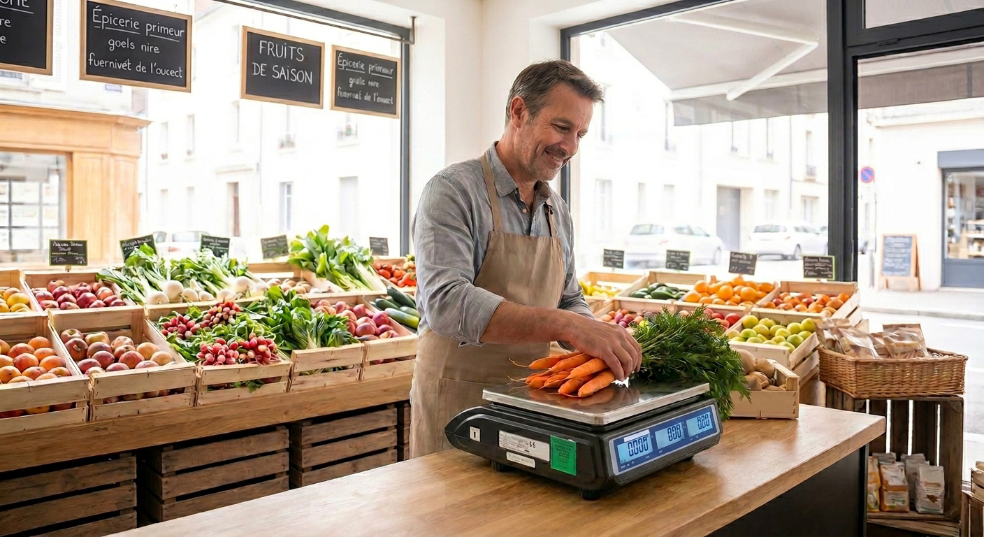 Épicerie primeur française, commerçant pesant des légumes sur une grande balance ABD-Pro, lumière naturelle vive, étalage coloré de fruits et légumes, style photo commerciale réaliste