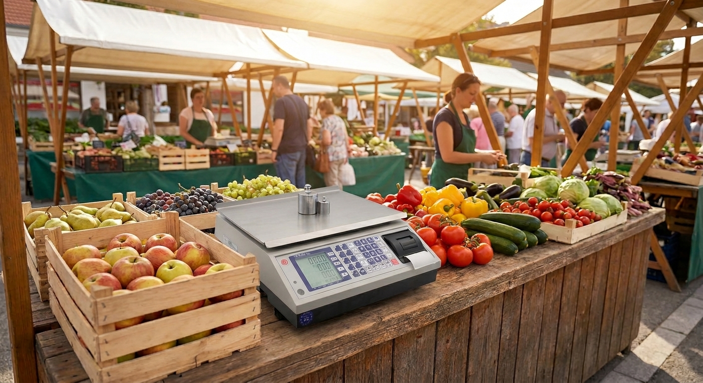 Comptoir de boucherie moderne, gros plan d'une balance professionnelle ABD-Pro APS imprimant une étiquette prix sur papier thermique, surfaces en inox, éclairage professionnel, style photo réaliste