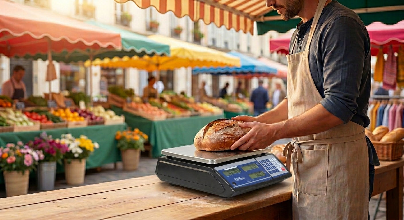 Marché en plein air français, commerçant pesant du pain sur une balance professionnelle ABD-Pro, lumière matinale, étals colorés en arrière-plan, style photo réaliste